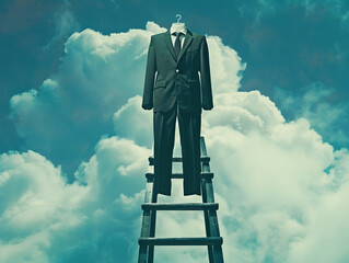 A suit hanging at the top of a ladder, representing the goal of professional progress and the climb required to reach it.