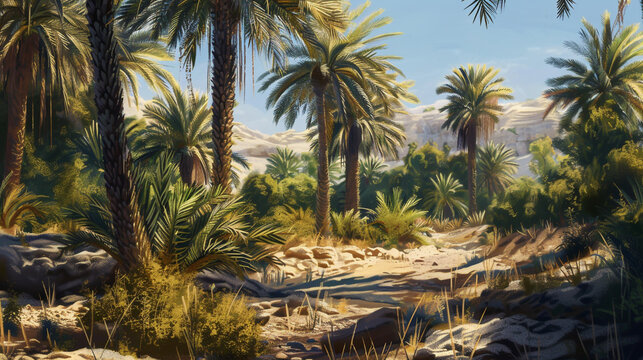 Within a concealed oasis, date palms sway in the breeze, their luscious fruit providing