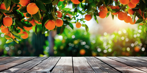 Wooden table in the foreground against a bright background of orange trees