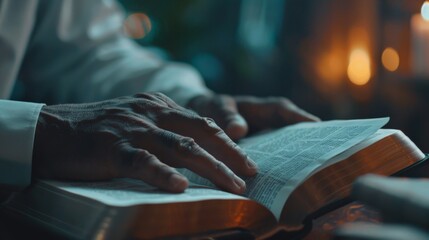 A pastor's hands resting on the open pages of the Bible as they lead a congregation in prayer,...