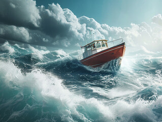 A boat steadying itself in turbulent waters, with clear skies ahead symbolizing market recovery. - obrazy, fototapety, plakaty