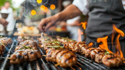 Grilling juicy skewers of meat over flaming barbecue, outdoor summer cookout with delicious smoky...