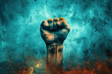 Fist of a man in the fire on a blue background. - obrazy, fototapety, plakaty