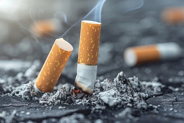 Cigarette butts smoldering in ash, toxic smoke and unhealthy addiction concept - obrazy, fototapety, plakaty