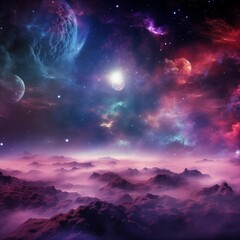 Fototapeta premium Breathtaking Space Art Depicting a Cosmic Nebula Over a Mountainous Alien Terrain