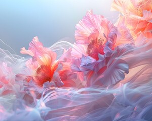 Pastel Flowers Floating on Blissful Cloud Waves in a Digital Art Installation