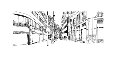 Print Building view with landmark of Santa Cruz de Tenerife is the city in Canary Islands. Hand drawn sketch illustration in vector.