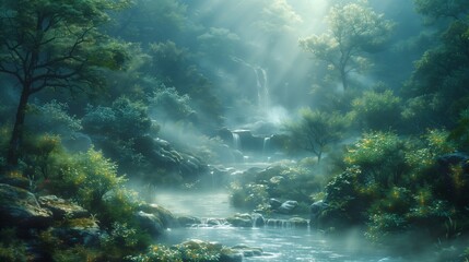 A river flows through a verdant forest with a waterfall under a cloudy sky