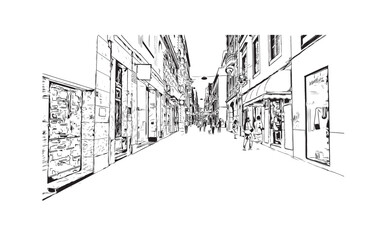 Print Building view with landmark of Santa Cruz de Tenerife is the city in Canary Islands. Hand drawn sketch illustration in vector.