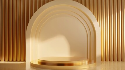 Gold background with stand podium with luxury arch shape scene. Abstract minimal wall scene for mockup products display