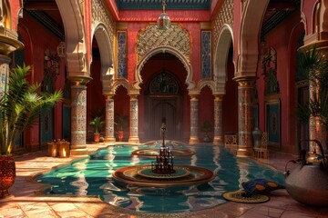 Obraz premium Beautiful and ornate Moorish courtyard with a large fountain in the center