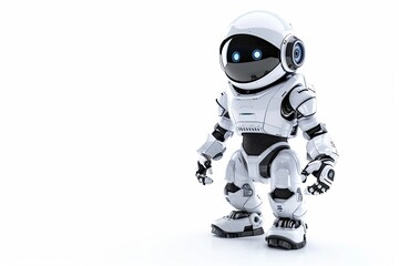 Miniature toy robot astronaut with blue eyes isolated on white background with copy space