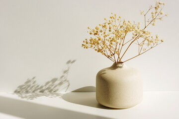 Modern beige ceramic vase with dry flowers on white  background and sunlight shadow.Copy space,...