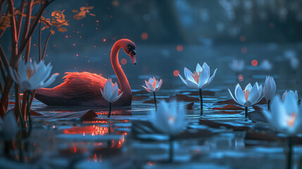 red swan gracefully wade in the tranquil waters - obrazy, fototapety, plakaty