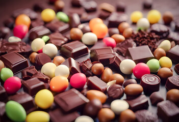 Assorted chocolates and colorful candy pieces spread out on a surface, creating a vibrant and tempting display. International Chocolate Day.