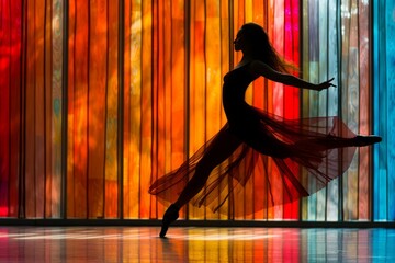Graceful dancer silhouette on colorful stage