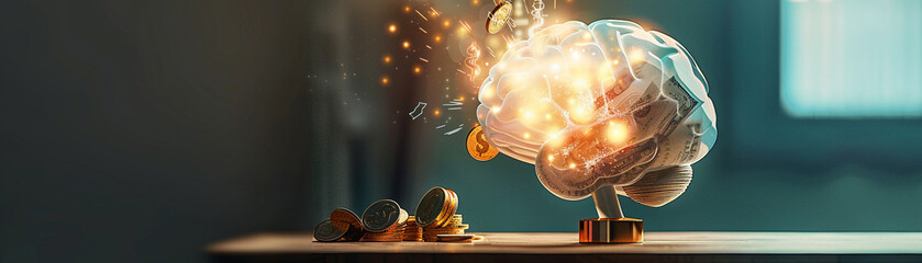 A brain-shaped piggy bank with ideas being inserted and profits pouring out, symbolizing smart investments.