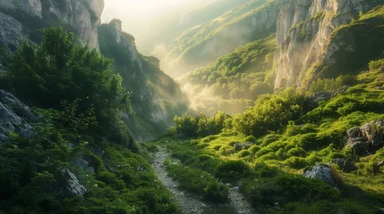 Fotobehang Sunlight filters through trees on mountainous landforms © Валерія Ігнатенко