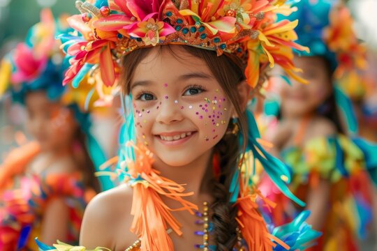Joyful young girl in vibrant feathered costume at colorful festival parade. Smiling child celebrating cultural tradition with face paint and headdress.