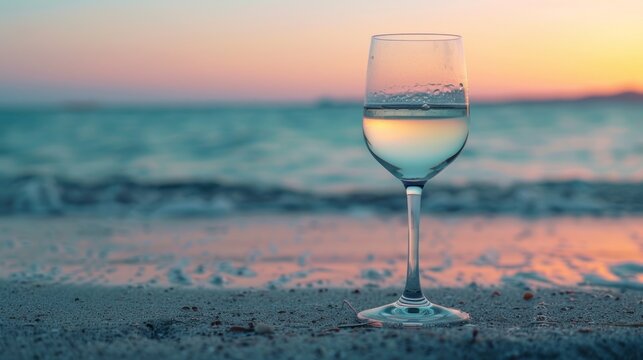 Glass of water on sandy beach