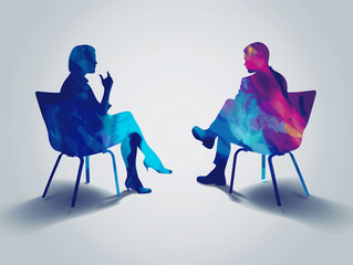 A man and a woman are sitting opposite each other in profile and talking. Vector silhouettes with gradient inside from blue to pink on clean light background. Concept of psychological help specialist. - 784612712