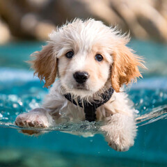 수영하는 귀여운 강아지 - obrazy, fototapety, plakaty