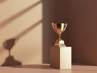A spotlighted podium with a single trophy, casting a long shadow, symbolizing the pinnacle of success and recognition. - obrazy, fototapety, plakaty