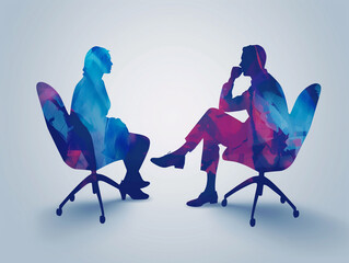 A man and a woman are sitting opposite each other in profile and talking. Vector silhouettes with gradient inside from blue to pink on clean light background. Concept of psychological help specialist. - 784612791