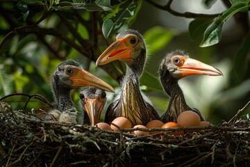 Obraz premium Birds gathering on a nest perched on a high branch
