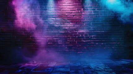 Brick wall, neon light effect and smoke.