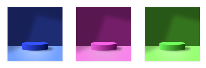 Set of blue, purple, and green realistic podium. Vector geometric podium for product showcase display; cosmetic, perfume, snack, smartphone, and many product purpose. Stage showcase, Product display.