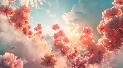 Delicate Pastel Flowers Floating Amidst Serene Cloud like Formations in a Tranquil Skyscape - obrazy, fototapety, plakaty