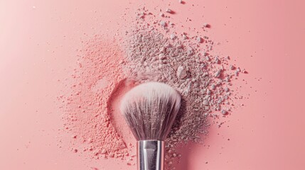 Makeup brush and powder explosion on pink background