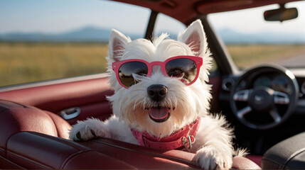 Cute funny dog in sunglasses and summer hat on the road trip peeking from car while traveling on sunny summer day