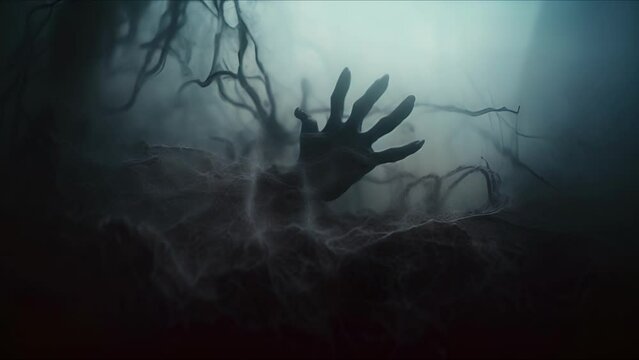 Scary night city in the fog. People trapped in a spider web. Nightmare in the moonlight. Halloween, horror and thriller concept. AI-generated.