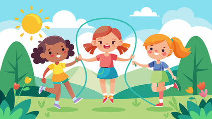 Obraz na płótnie Canvas skipping-the-rope-banner--three-girls-playing-jump