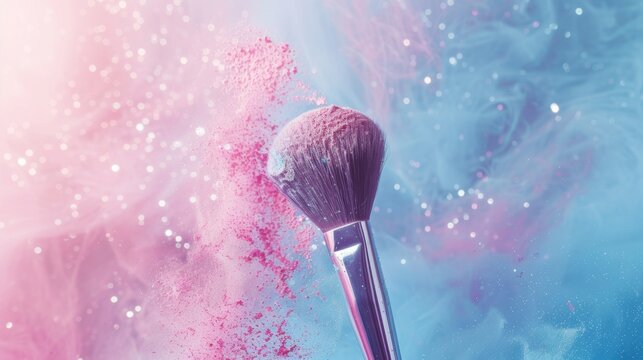 Close up of a makeup brush and powder explosion on a pink and blue background