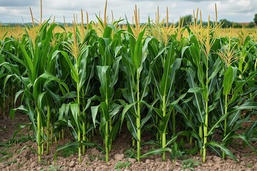 Close-up corn cobs in corn plantation field.