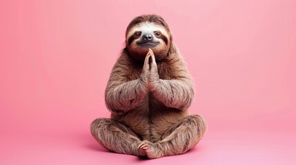 Fototapeta premium Sloth practicing yoga pose on pink background