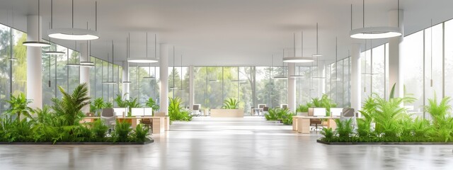 A light modern office interior with panoramic windows and a lot of greenery