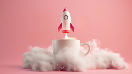 Rocket launching from a coffee cup surrounded by clouds