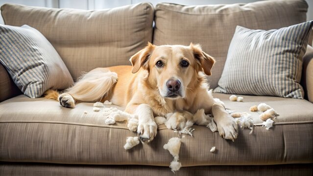 A naughty playful dog bites a pillow after a prank while lying on the sofa at home. Guilty dog ​​and ruined living room. Harm a dirty house and a puppy with a funny, guilty look