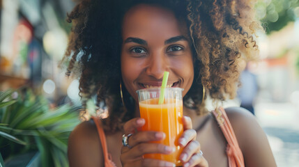 Happy young woman drinking carrot juice - obrazy, fototapety, plakaty