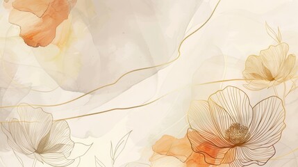 Abstract Floral Art with Golden Lines on Watercolor Background