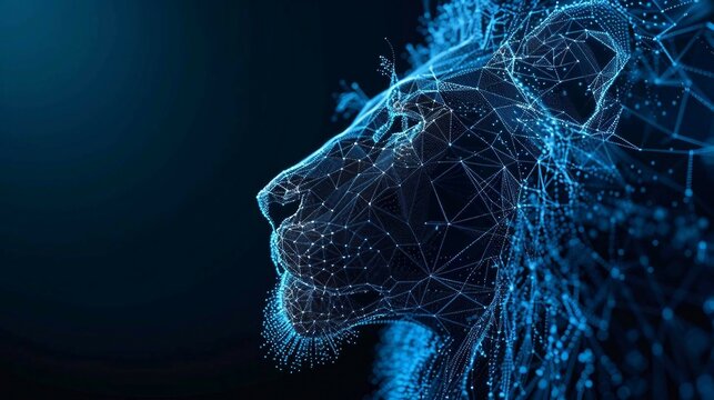 blue digital  hologram lion head , ai in wildlife conservation efforts, habitat monitoring systems, animal behavior analysis, and ecological balance preservation. lion wireframe low poly. 
