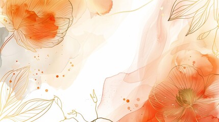 Abstract Orange Flowers with Golden Leaves on Watercolor Background