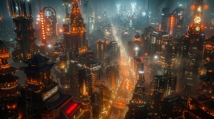 A Futuristic City Glowing Brightly at Night