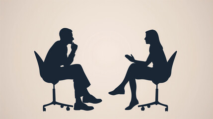 A man and a woman are sitting opposite each other in profile and talking. Vector black silhouettes on clean light background. Concept of psychological help specialist, interview. - 784614773