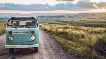 A road trip adventure in a vintage van, winding through picturesque countryside roads, with stops...