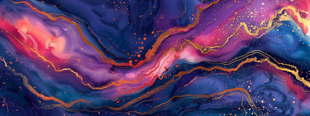 Abstract Acrylic Pour Art with Vivid Cosmic Colors and Golden Veins - Artistic Universe Concept Background